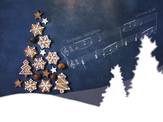 Illustrasjon med juletre og noter på mørk blå bakgrunn