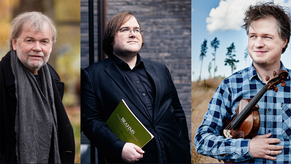 Collage med portrettbilder av Jostein Gaarder, Christian Ihle Hadland og Henning Kraggerud