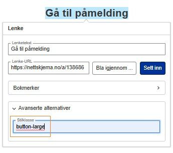 Lenkedialog som viser innsetting av Stiklasse "button-large"