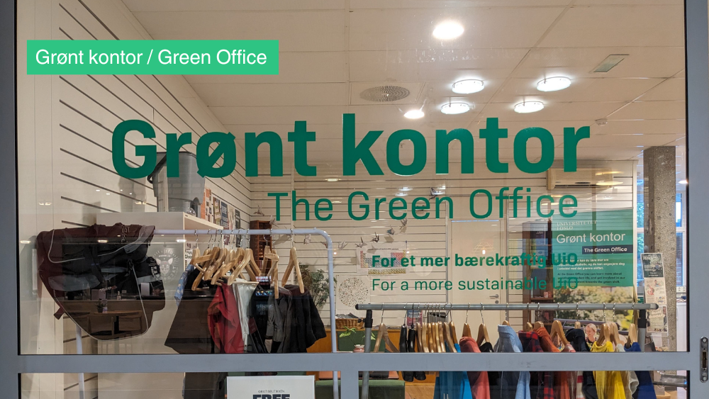 Bildet viser glassveggen utenfor Grønt kontor, der det står skrevet "Grønt kontor" med store grønne bokstaver.