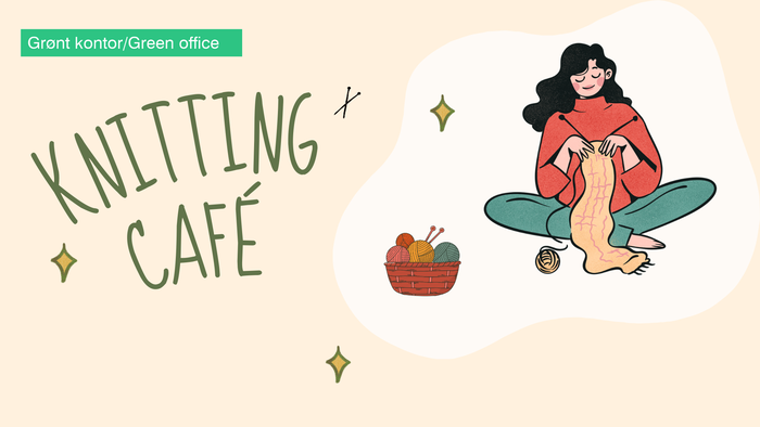 Tegning av en kvinne som strikker. Ved siden av står det "Knitting Cafe".