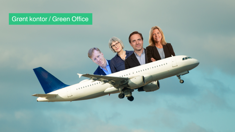 An airplane flying throuhg the air with the event's four panelists photoshopped on top of it