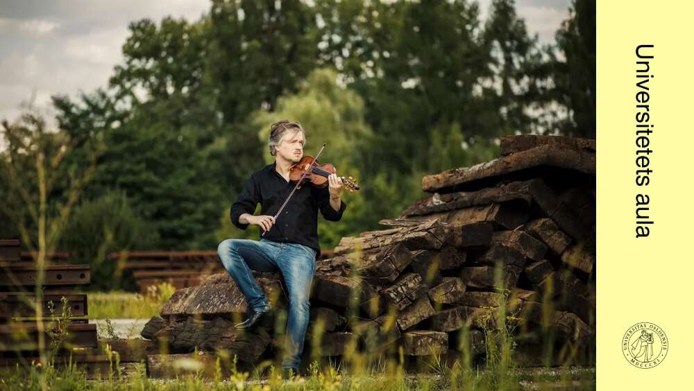 Bildet viser Henning Kraggerud med fiolin på en stubbe. 