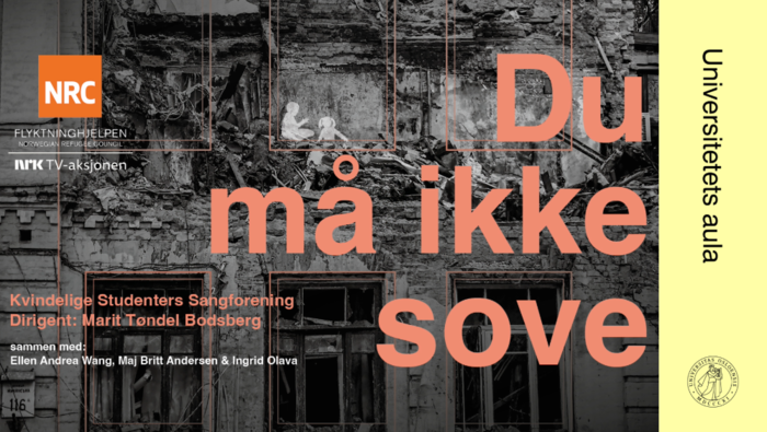 Bildet viser tittelen "Du må ikke sove" på bakgrunn av et ødelagt hus og logen til Flyktningehjelpen