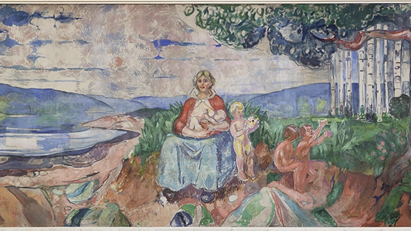 Edvard Munchs maleri Alma mater: En ammende kvinne i et landskap omgitt av små barn