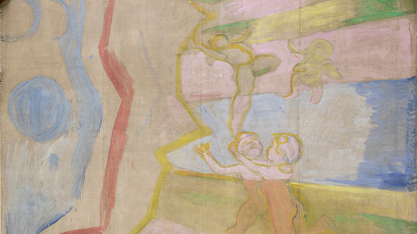 Utsnitt fra Munchs Genier i lysflommen med små tykke svevende skytsånder