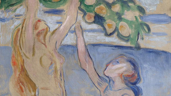 Excerpt from Edvard Munch's painting with two women in soft colors harvesting apples