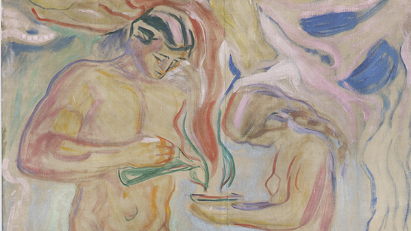 A section from Munch's painting Chemistry it is man and woman mixing chemical substances
