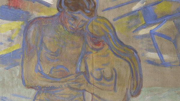 Utsnitt fra Edvard Munchs maleri nye stråler med mann og kvinne i stråleglans