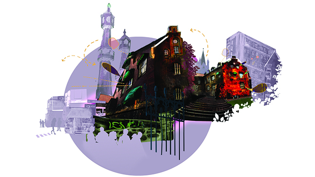 En sammensatt illustrasjon med flere bygninger, blant annet en i sort, to tårn i lilla og noen mindre kontorbygg i lilla. I bakgrunnen en lilla sirkel. Illustrasjon.