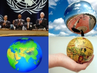 Bildecollage. Bilde 1 av fire menn med FN-logoen i bakgrunn. Bilde 2, 3 og 4 av ulike jordkloder.