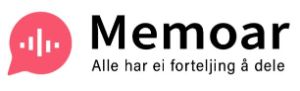 Logo med rød-rosa snakkeboble og teksten "Memoar - Alle har ei forteljing å dele."