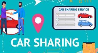 Tegning av to personer foran en bil som tar hverandre i hånden, og et kort med bilde av to biler som skriften "Car sharing service". Illustrasjon.