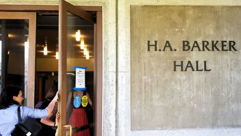 Entering Barker Hall, which houses the Knight laboratory.