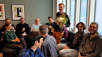 The RITMO lunch is also the time for celebrating achievements, and, of course, birthdays. All international staff gets to learn the Norwegian birthday song &quot;Hurra for deg!&quot;. Here we are celebrating Kyrre Glette.
