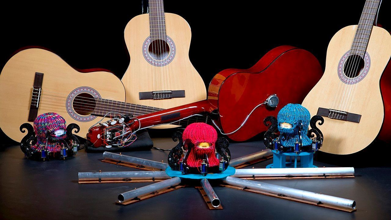 Three Dr. Squiggles robots teamed up with six of RITMO&#39;s self-playing guitars during&amp;#160;an online installation at the International Conference on New Interfaces for Musical Expression.