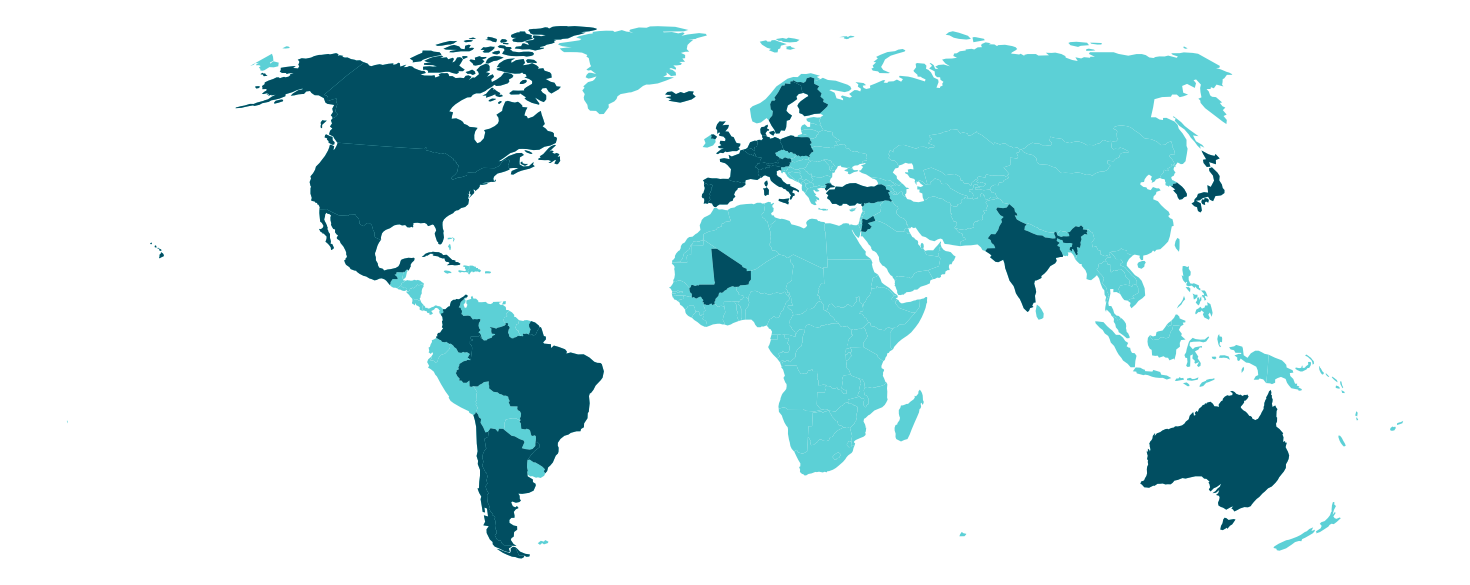 World map showing the countries where RITMO researchers have partners and collaborations.