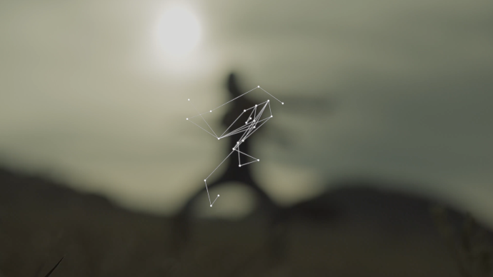 Out of focus photo of someone dancing in the background, with an AI avatar resembling the contours of the dancer's body in the foreground