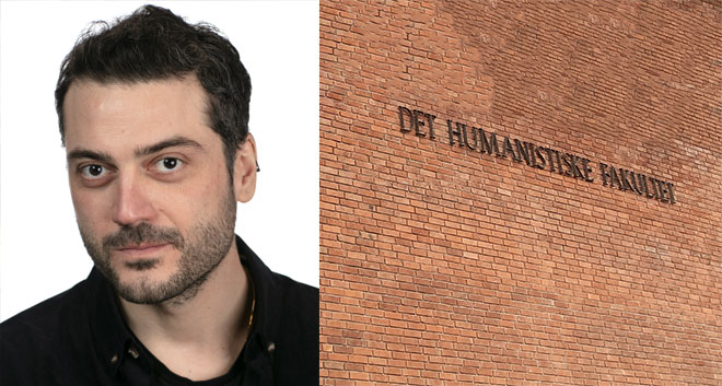 Colored portrait picture of Çağrı Erdem wearing a dark shirt on the left, picture of the logo of Faculty of Humanities on a brick wall on the right.