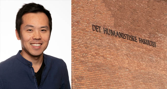 Portrait photo of Dongho Kwak on the left side, picture of Faculty of Humanities sign on a brick wall in Norwegian.