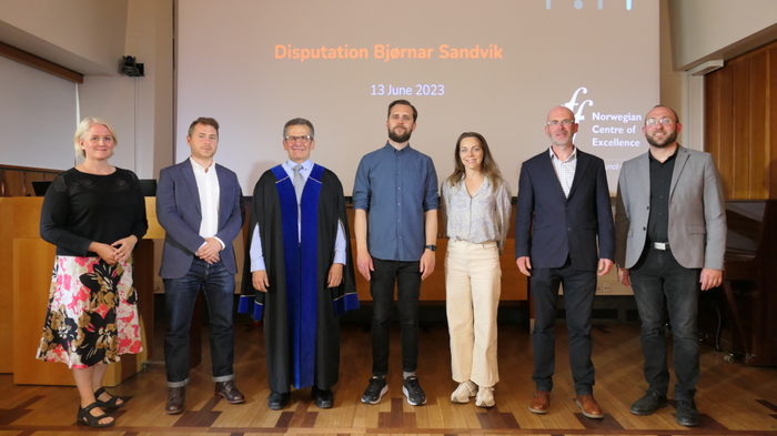 Bjørnar Sandvik with supervisors, opponents, and disputation leader