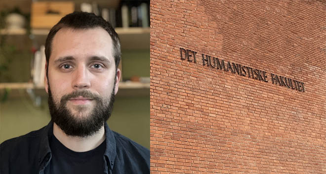 Photo of Bjørnar Ersland Sandvik on the left side, picture of Faculty of Humanities sign on a brick wall in Norwegian.