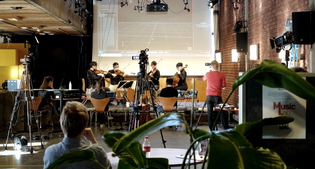 The Borealis String Quartet performing during MusicTestLab.
