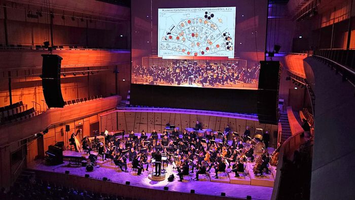 Researchers' off stage view of the SSO performing while being measured.