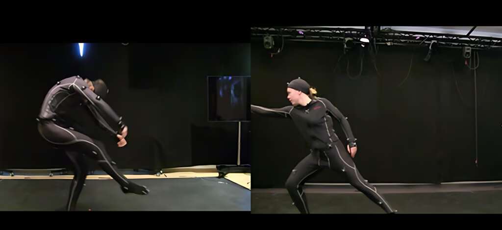 Two dancers video captions put side by side showing their reaction to each other.