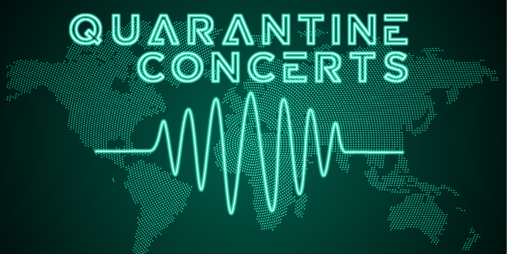 Quarantine Concerts Webpage Photo: Fluorescent sound wave overlayed on a map of the world.