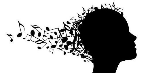 A silhouette of a human head with musical notes springing from it. Illustration.