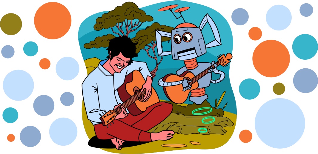 Illustration of a human and robot playing guitars together