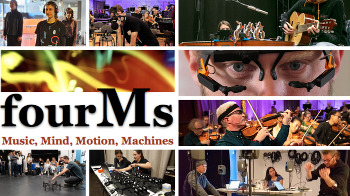 fourMs, music, mind, motion, machines, it says in letters. Unclear picture of colourful lights. Logo.