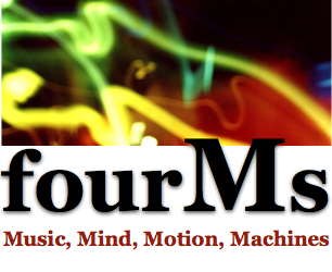 fourMs, music, mind, motion, machines står det med bokstaver. Utydelig bilde. Logo.