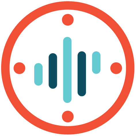Inni en stor orange sirkel er det fire prikker og fire streker i ulik lengde. Emblem.