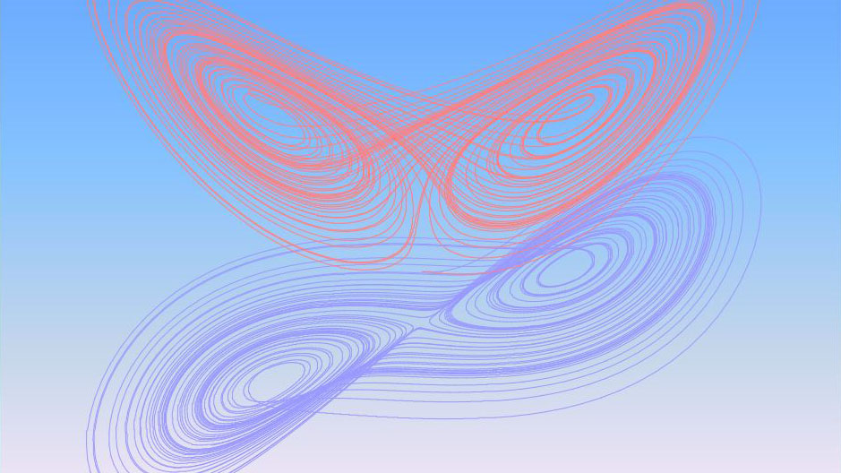 Two attractors in purple and red on a blue background. Illustration. 