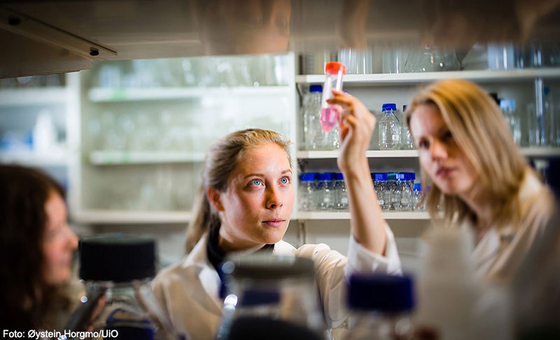 Nærbilde av en student i labfrakk som holder opp et reagensrør i et laboratorium