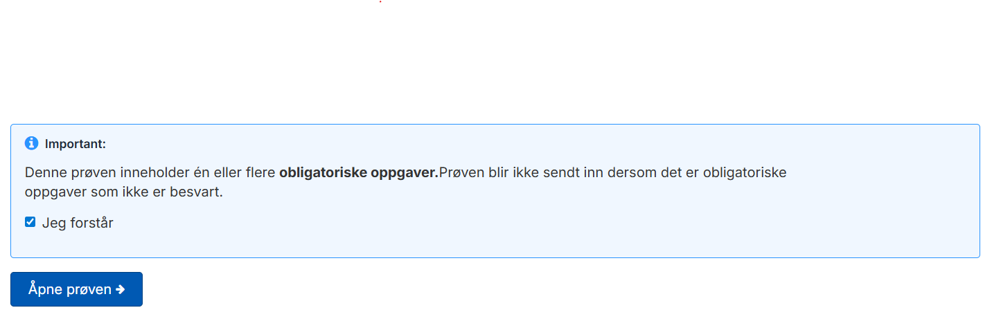 Bilde av bekreftelse på at man er inneforstått med at innleveringen har obligatoriske oppgaver.