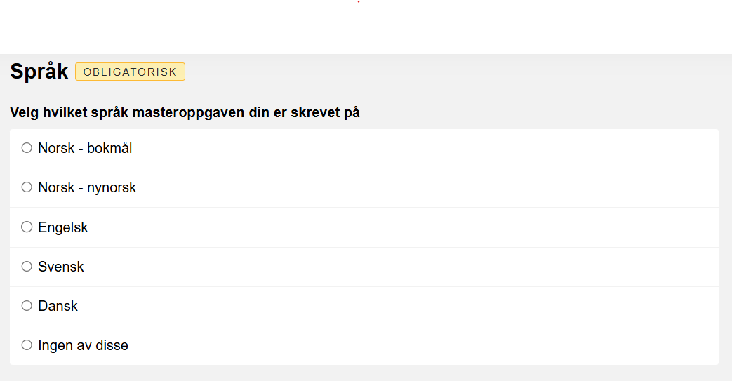 Bilde av de ulike språkene du kan velge at masteroppgaven er skrevet på