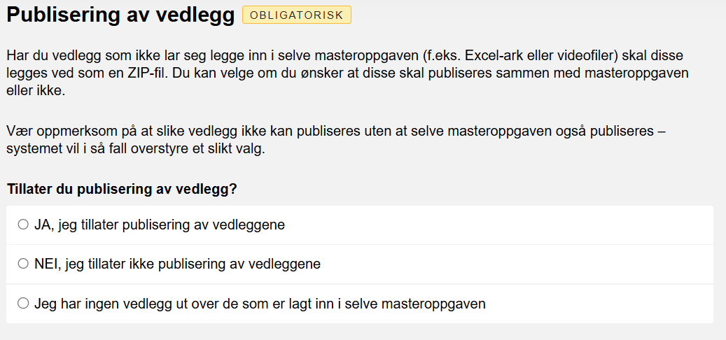 Her velger du om du ønsker å publisere eventuelle separate vedlegg.