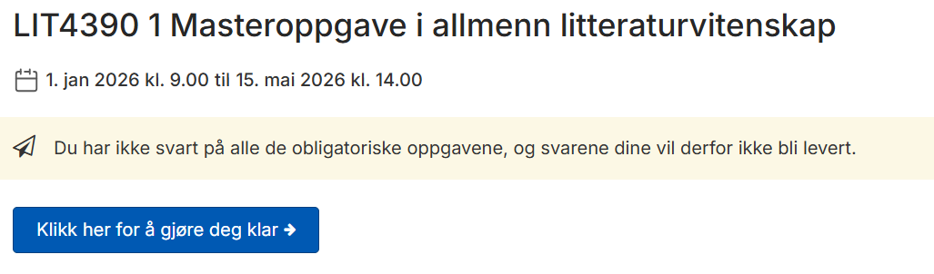 Bilde som viser navn og frist for å levere masteroppgaven i Inspera