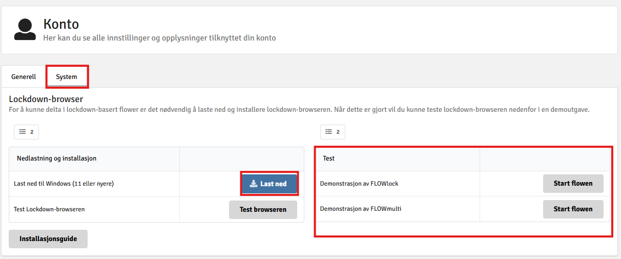 Bildet viser hvor man finner system og last ned, samt hvor du kan starte en demoflow