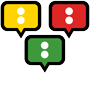 Tre snakkebobler i gult, rødt og grønt, som minner om trafikklys. Illustrasjon.