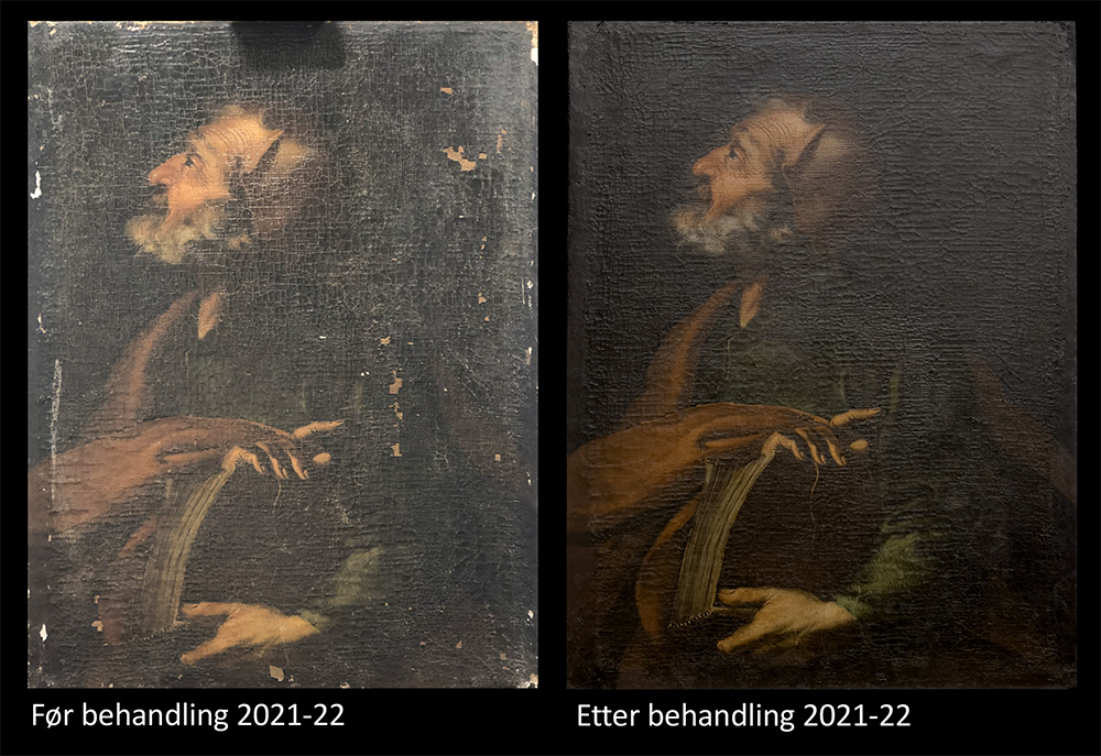 Bildet viser maleriet før og etter Helles behandling.