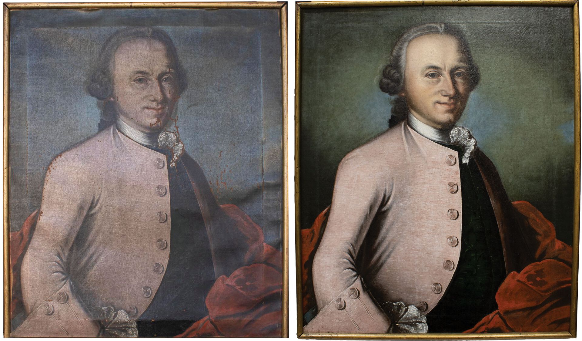 Bildet viser maleriet til Kaye før og etter behandling. Motivet er en mann med grå, krøllet parykk og lys rosa jakke. Bildet er klarere etter behandling.