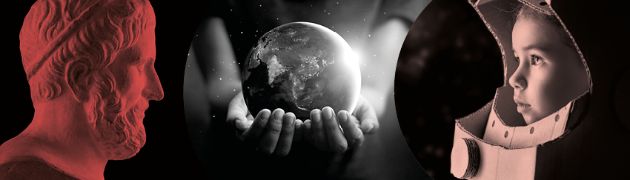 Kollasj med Aristoteles, planeten jorden i en persons hånd og et barn i en egenlagd astronaut drakt