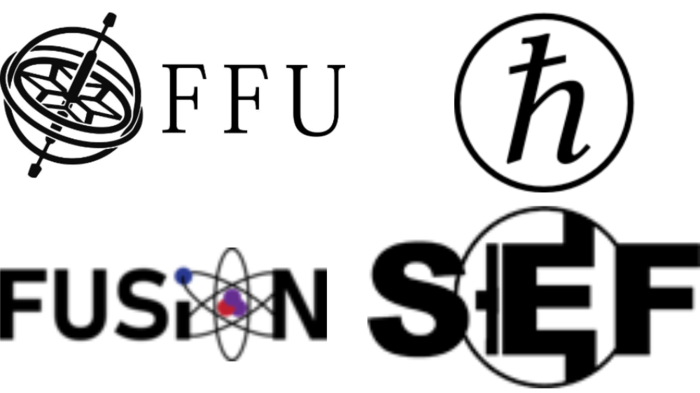 Logoene til Fysisk fagutvalg, Fysikkforeningen, Fusion og Studentenes elektronikkforening. 