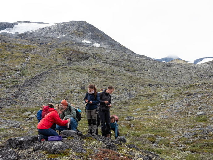 Gruppe studenter måler stein med smitthammer.