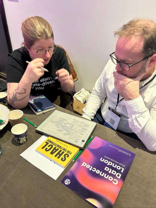 En ung kvinne med blondt hår og briller sitter ved siden av en mann med hvit skjorte og briller og forklarer prinsipper fra boken SHACL for the Practitioner.
