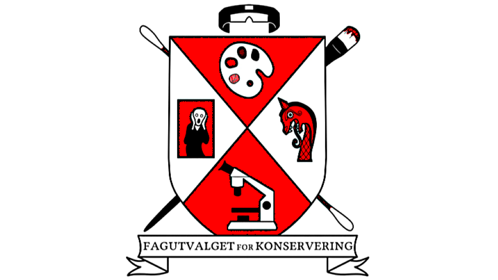 Våpenskjold i rødt og hvitt med sorte detaljer. Tegninger av Munchs skrik, en malepalett, et mikroskop og et treutskåret dragehode.